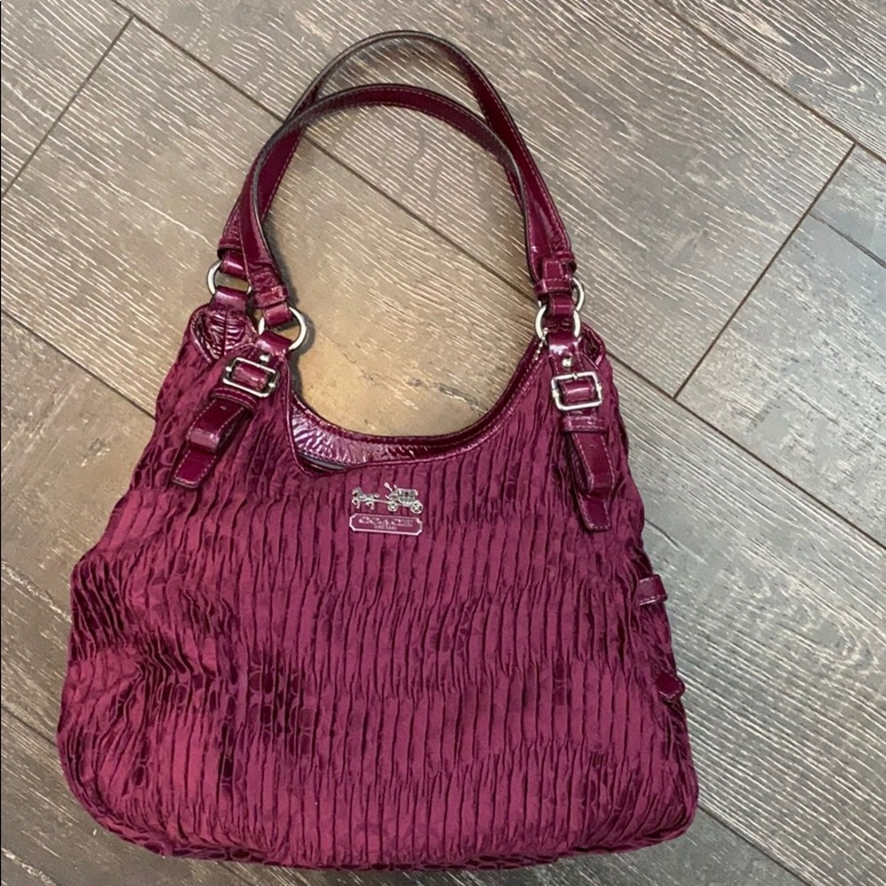 Coach burgundy rouched fabric & patent purse